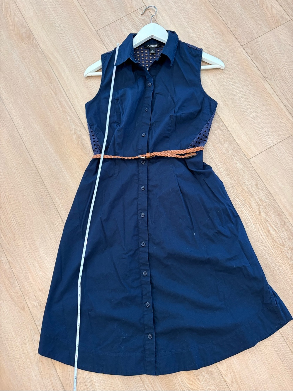 Roz & Ali Navy Sleeveless Shirt Dress with Braided Tan Belt